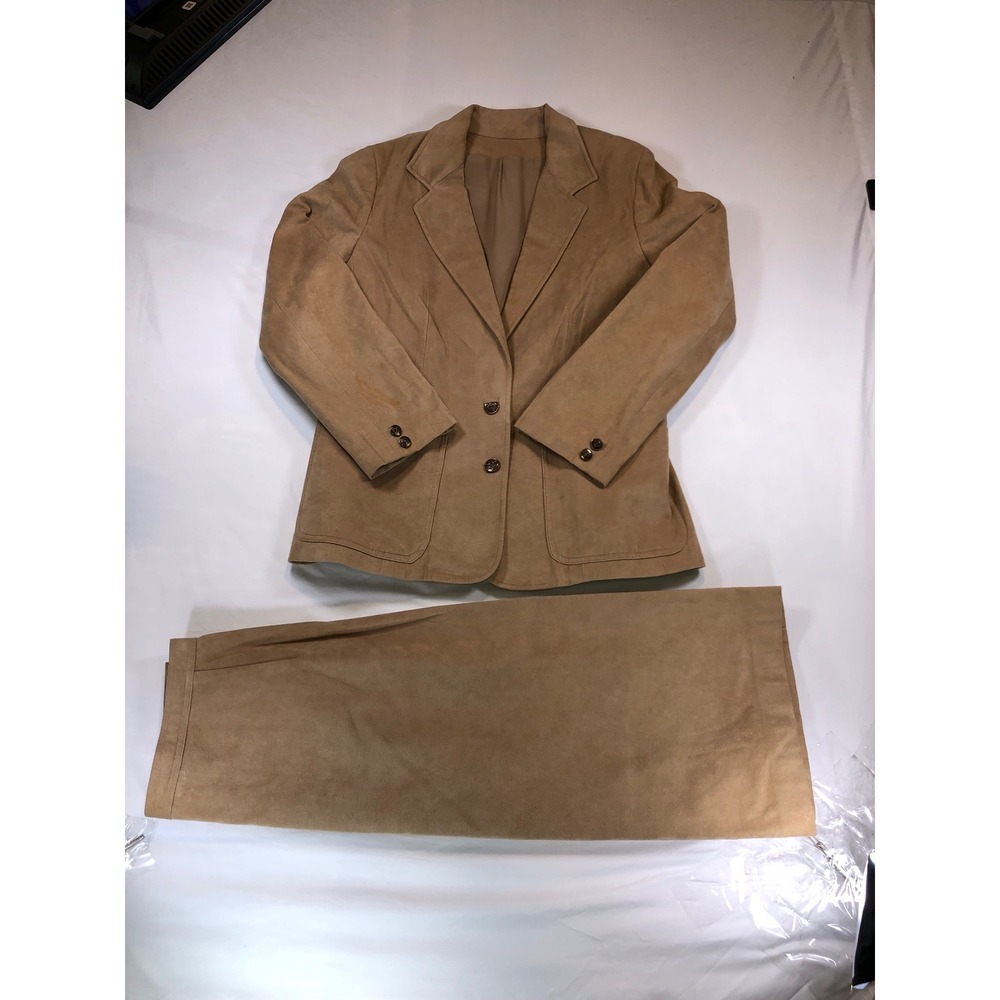 Vintage Tan Suede Skirt Suit Set Blazer and Midi Skirt Camel Brown 2 Piece